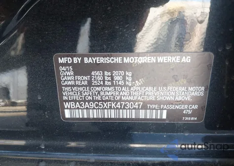2015 BMW 335I from USA, damaged, VIN WBA3A9C5XFK473047